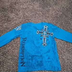 Raw State Shirt Mens Large Blue Teal Thermal Long Sleeve Redemption Cross Wings